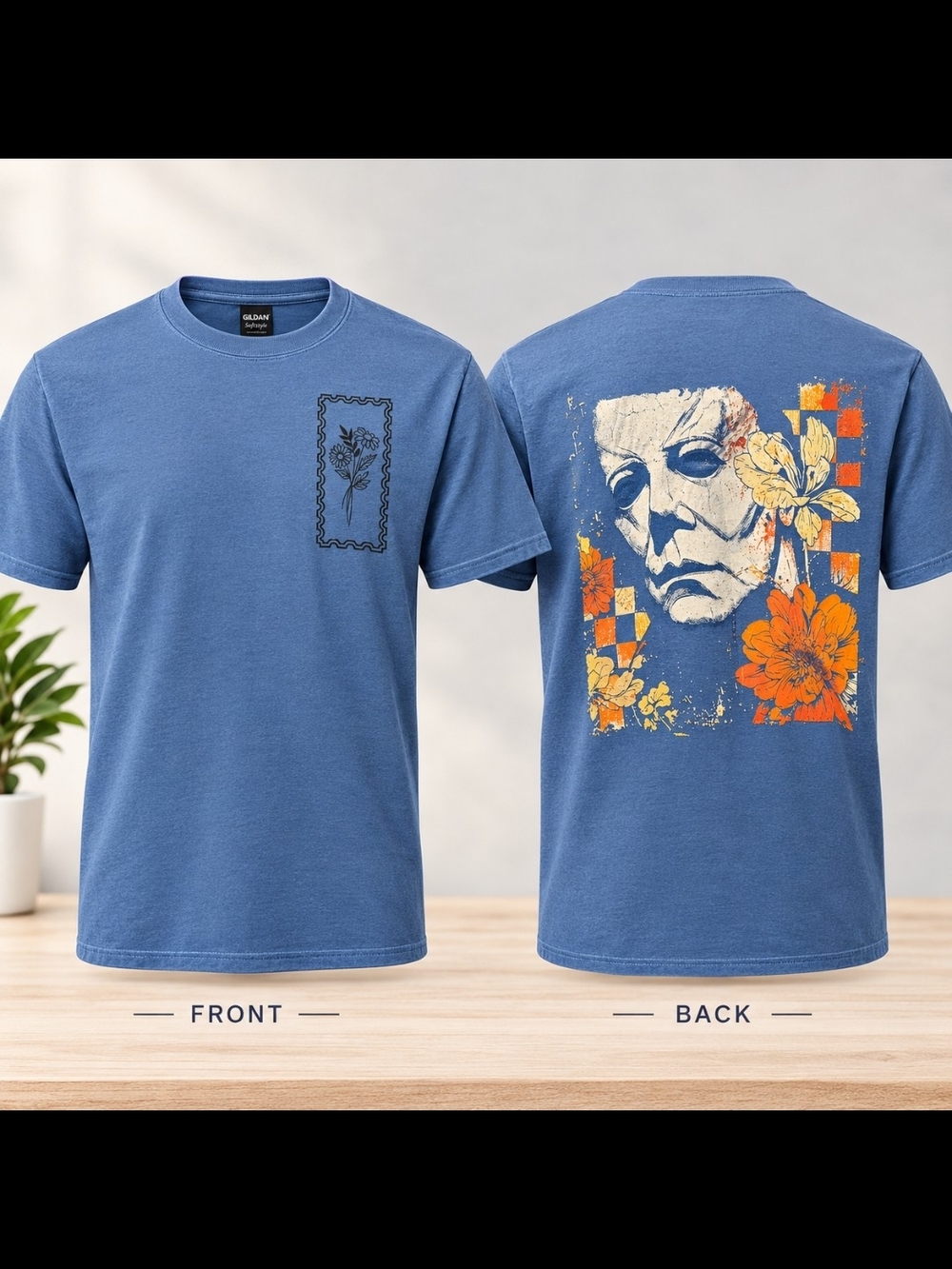Gildan Blue Short-Sleeve Tee with Floral Skull Back Graphic